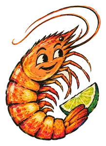 Lotería-style illustration of a smiling shrimp holding a lime wedge