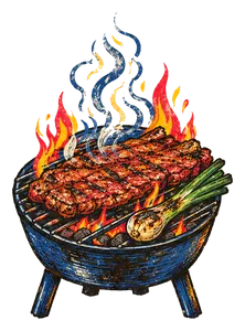 Lotería-style illustration of a steak sizzling on a charcoal grill