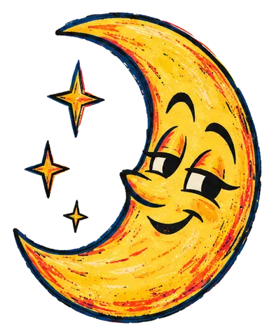 Lotería-style illustration of a sleepy smiling crescent moon